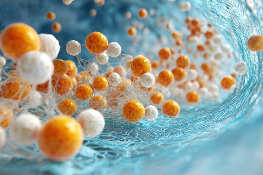 3D Animation of Cell Wall Structure with Phospholipid Spheres and Chelated Compounds, Bilayer with Light Blue Layer, White Space Between Dots, Biomimetic Design, Molecular Visualization