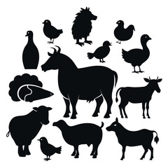 A set of black silhouette icons featuring various farm animals