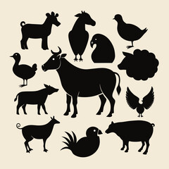 A set of black silhouette icons featuring various farm animals