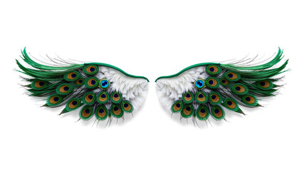 Peacock wings. Realistic detailed 3D detailed wings of beautiful green color with colorful mesh. Illustration for your design, white object isolated with wall. Decorative concept.