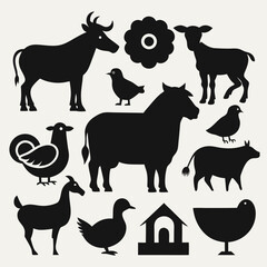 A set of black silhouette icons featuring various farm animals