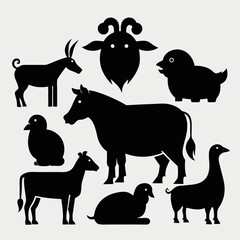 A set of black silhouette icons featuring various farm animals