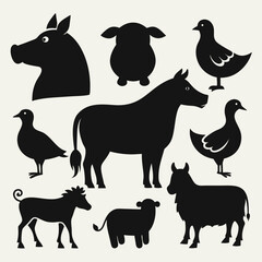 A set of black silhouette icons featuring various farm animals