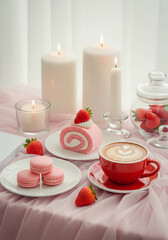 Cup of latte art with cake strawberry
