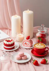 Cup of latte art with cake strawberry