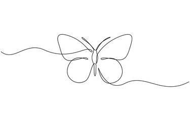 Butterfly in One continuous line drawing. Beautiful flying moth for wellbeing beauty or spa salon logo, Flying Butterfly single outline vector illustration. Editable stroke.