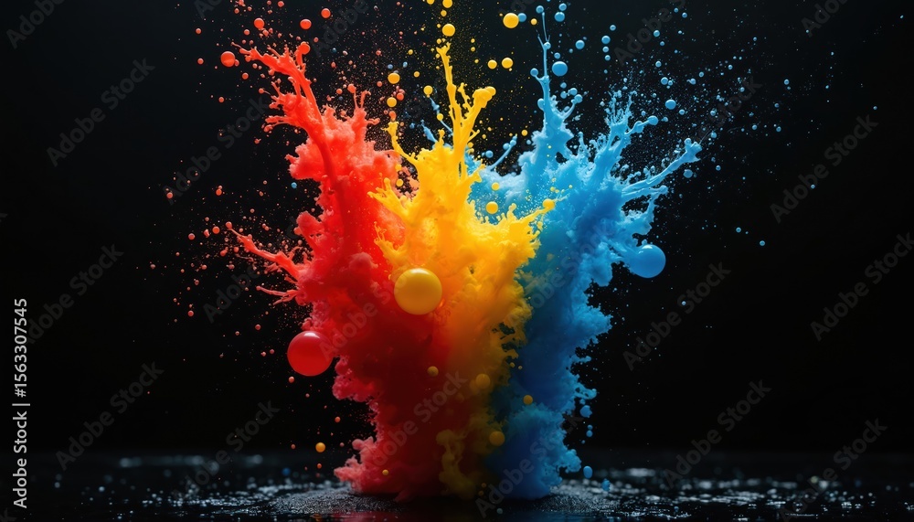 Aufkleber Abstract image dynamic splash effect. Vibrant red yellow and blue colours explode on black background. Artistic design. Modern art, creative poster background, wallpaper. Digital art concept.