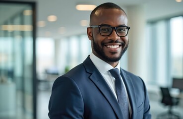 Smiling black businessman wearing eyeglasses, blue suit in office. Confident entrepreneur, leader with positive attitude and successful career. Happy, smiling, confident face looking at camera.