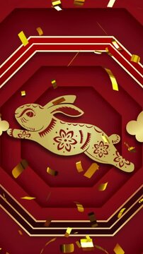 Animation of chinese traditional decorations with rabbit and confetti on red background