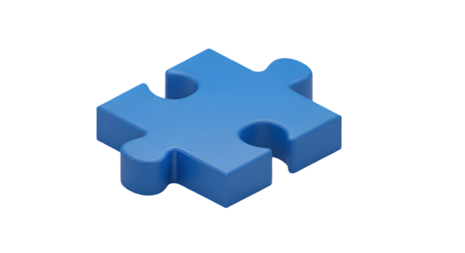 3D rendering of a single, vibrant blue puzzle piece.