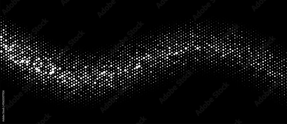 Poster abstract halftone dotted wave background. white dots on a black background.