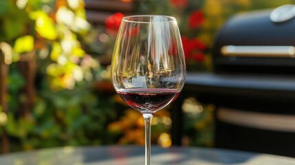 A moment of relaxation rich red wine in a glass amidst a sunny garden barbecue with outdoor soft
