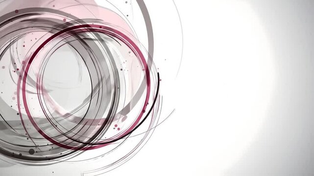 Abstract swirl design with concentric circles and paint splatter effects, in shades of gray, pink and dark red, on a light background