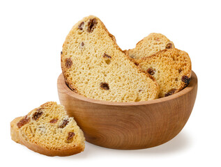 Dried bread in a wooden plate and pieces on a white background. Isolated