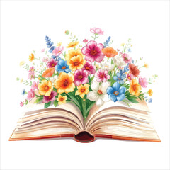 Vector art of an open book with a colorful floral arrangement isolated on white background