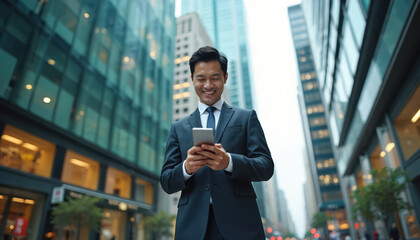 Happy Asian businessman executive in city street. Smiling man in suit uses phone, checks finance apps. Buildings background. Tech, communication, business, success, mobile connection.