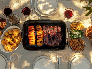 Outdoor feast with grilled ribs tomatoes and wine under golden sunlight aerial view with soft warm