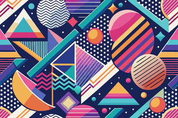 Obraz premium Memphis geometric seamless pattern. Multicolor abstract background in retro 80s, 90s style with various shapes circles, semicircles, dots, zigzag