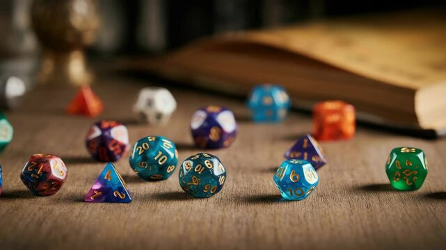 Colorful polyhedral dice set for tabletop gaming on wooden surface