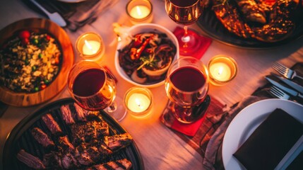 Romantic candlelight dinner featuring red wine and grilled steak with a soft golden glow and warm