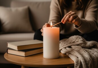 Cozy living room ambiance with candlelight for relaxation and reading