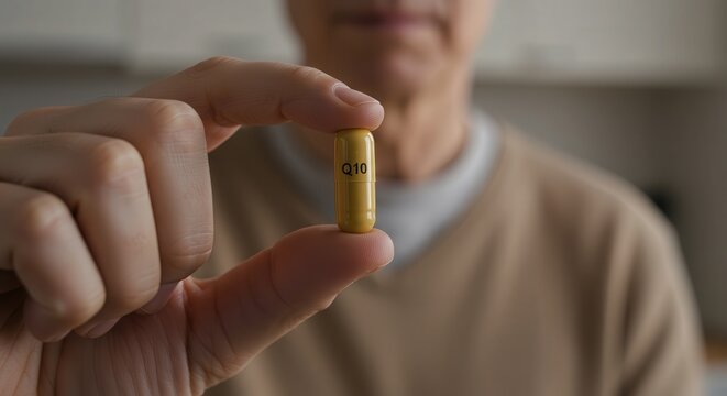 Close-up of person holding coenzyme Q10 supplement capsule