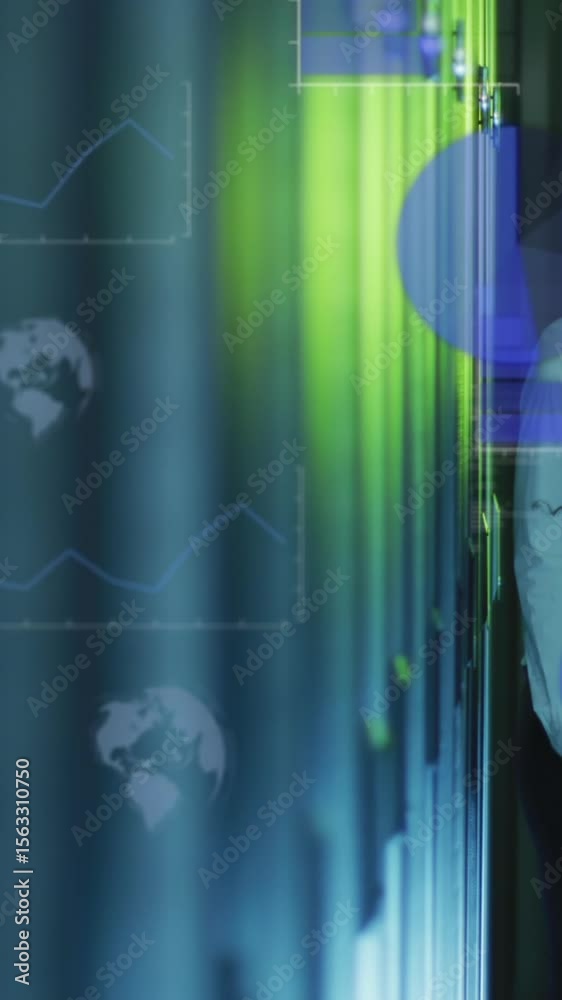 Poster animation of data processing over diverse it engineers and computer servers