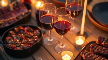 Romantic candlelit dinner with steaks and red wine creating an intimate celebration with warm