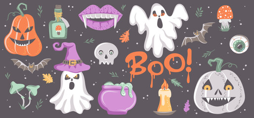 Happy Halloween. Collection of hand drawn holidays elements pumpkin, ghost, skull, bat, witch hat. Vector illustration.