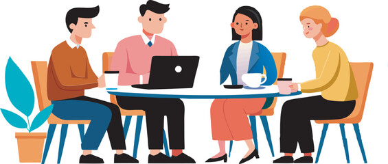 This collection of images depicts illustrations of business meetings or team collaborations, with people gathered around tables and interacting