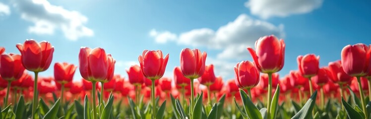 Vibrant red tulips against blue sky with clouds. Springtime nature park background, beauty. Sunny day, blossoming flora, colorful garden landscape. Ideal for design projects, postcard, banners,