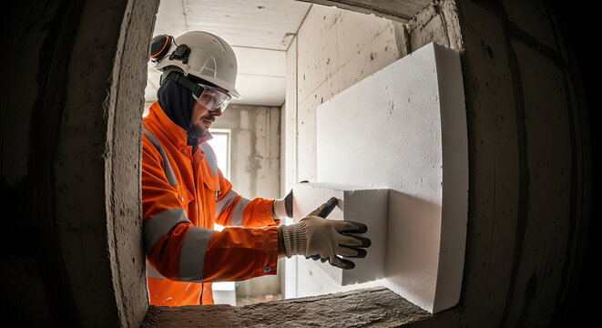 Construction worker installing insulation panel in building for thermal efficiency - Powered by Adobe