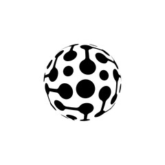 A white 3D abstract globe featuring an organic pattern of black dots and interconnected nodes, evoking molecular structures, neural networks, or data connectivity. This modern tech icon symbolizes art