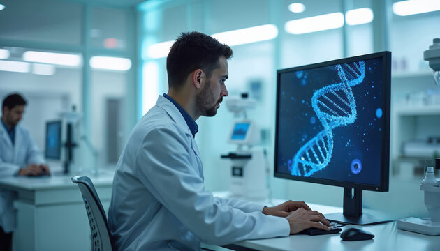 Male scientist in lab coat works on computer, showing DNA structure. Modern medical research laboratory with advanced equipment, biotechnology facility. Research, analysis, health, medicine, science