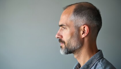 Obraz premium Profile portrait man with grey hair thinning hairline. Side view mature male with beard in daylight. Baldness, trichology concept. Health, medical, personal grooming, cosmetic, appearance, ageing