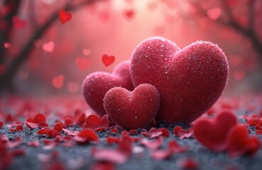 Romantic composition hearts, valentines day. Decorative red hearts, blurred background. Romance symbol, february 14, love concept, wedding design. Greeting card template, holiday celebration.