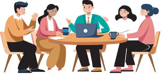 This collection of images depicts illustrations of business meetings or team collaborations, with people gathered around tables and interacting