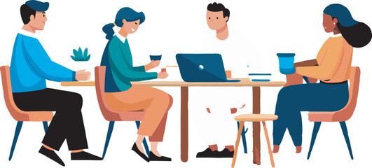 This collection of images depicts illustrations of business meetings or team collaborations, with people gathered around tables and interacting