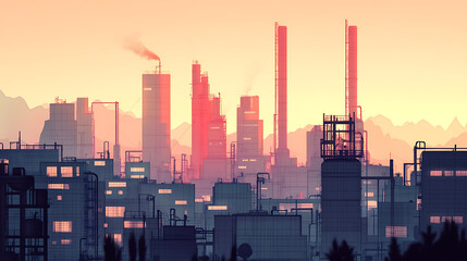 A city skyline with a large industrial area in the background. The sky is orange and the buildings are mostly white