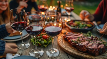 Celebrating life with red wine and delicious steak dinner under a canopy of bokeh lights outdoor