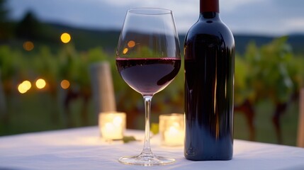 Romantic vineyard evening with a full glass of red wine by candlelight and a bottle dusk light bokeh