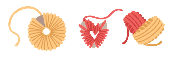 set of yarn wrapped around heart, circle for creating pompoms, with colored balls of yarn in shape of heart. cozy atmosphere. Handmade. flat color. For postcards, posts, themes of care, coziness