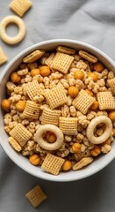 Overhead view of assorted snack mix in bowl for casual gatherings