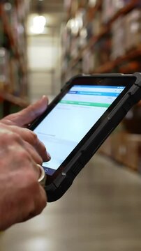 Close-up of a hand expertly managing intricate inventory on a durable tablet, set against a backdrop of expansive warehouse shelving.