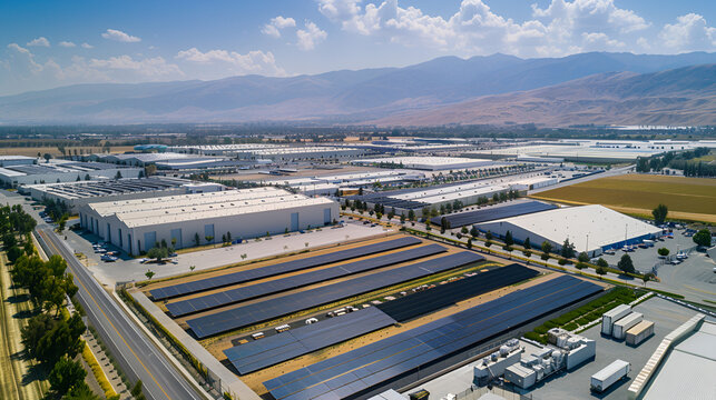 Aerial perspective showcases an industrial park using solar panels for sustainable energy, nestled near scenic mountains and cloudscape.