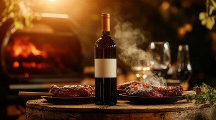 Wine bottle near ribs steaming a wood fired oven glowing with golden light on rustic wood tablescape