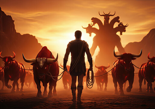 Hercules leads Cattle of Geryon at sunset with mythical hydra like figure in background - Powered by Adobe