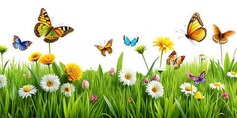  lush grass with flowers and butterflies  isolated on white background  PNG , AI GENERATED