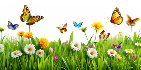  lush grass with flowers and butterflies  isolated on white background  PNG , AI GENERATED