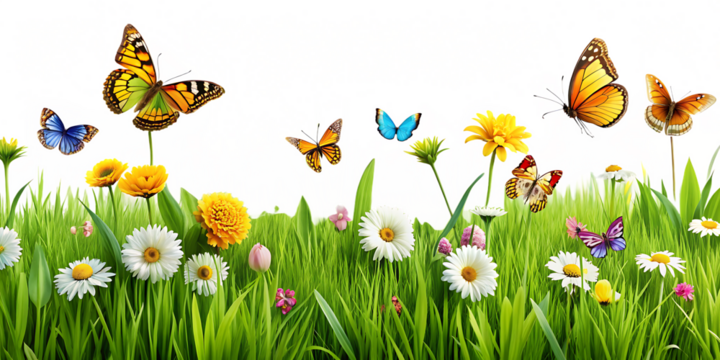 lush grass with flowers and butterflies  isolated on white background  PNG , AI GENERATED